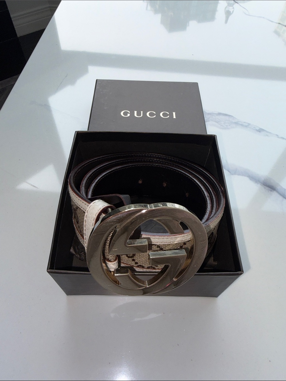Gucci Beige Monogram Canvas Belt with Silver GG Buckle
